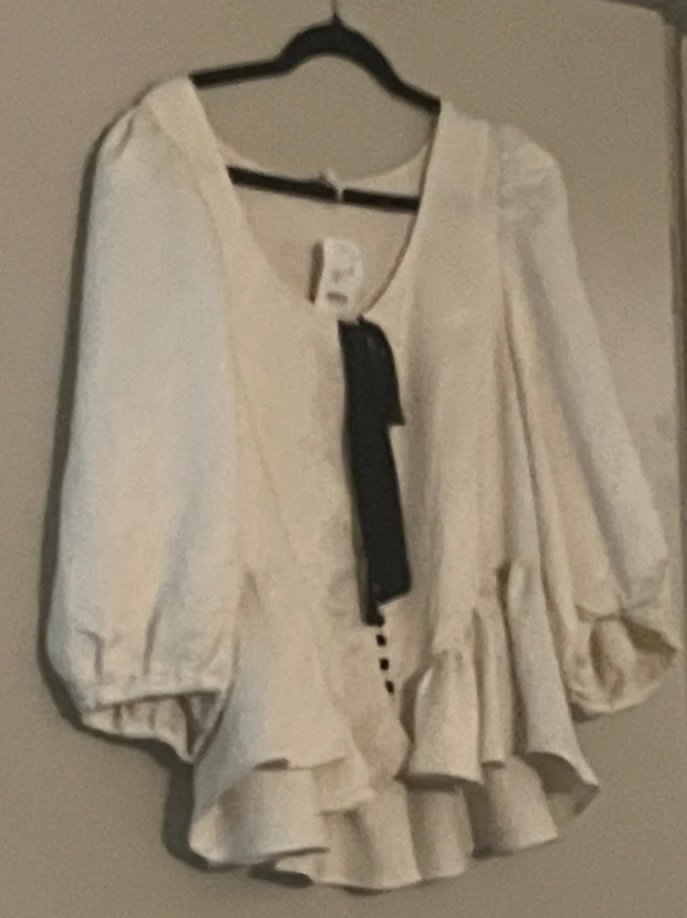 Free People Cream Puff-Sleeve Peplum Top with Black Ribbon
